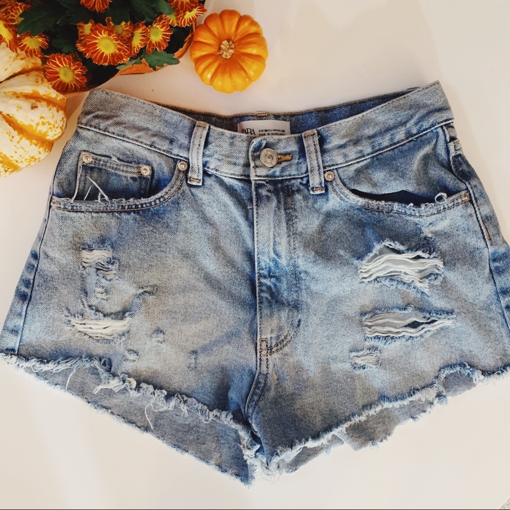 Zara Distressed Denim High Waist Shorts